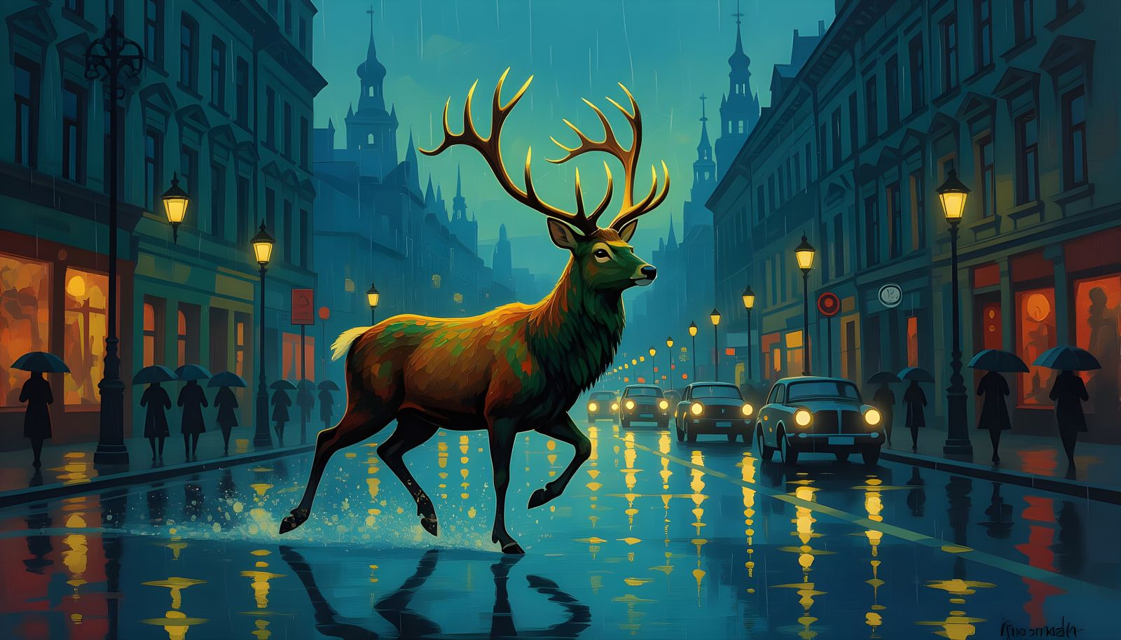 Mystical Deer in Rainy City, Russian Symbolism