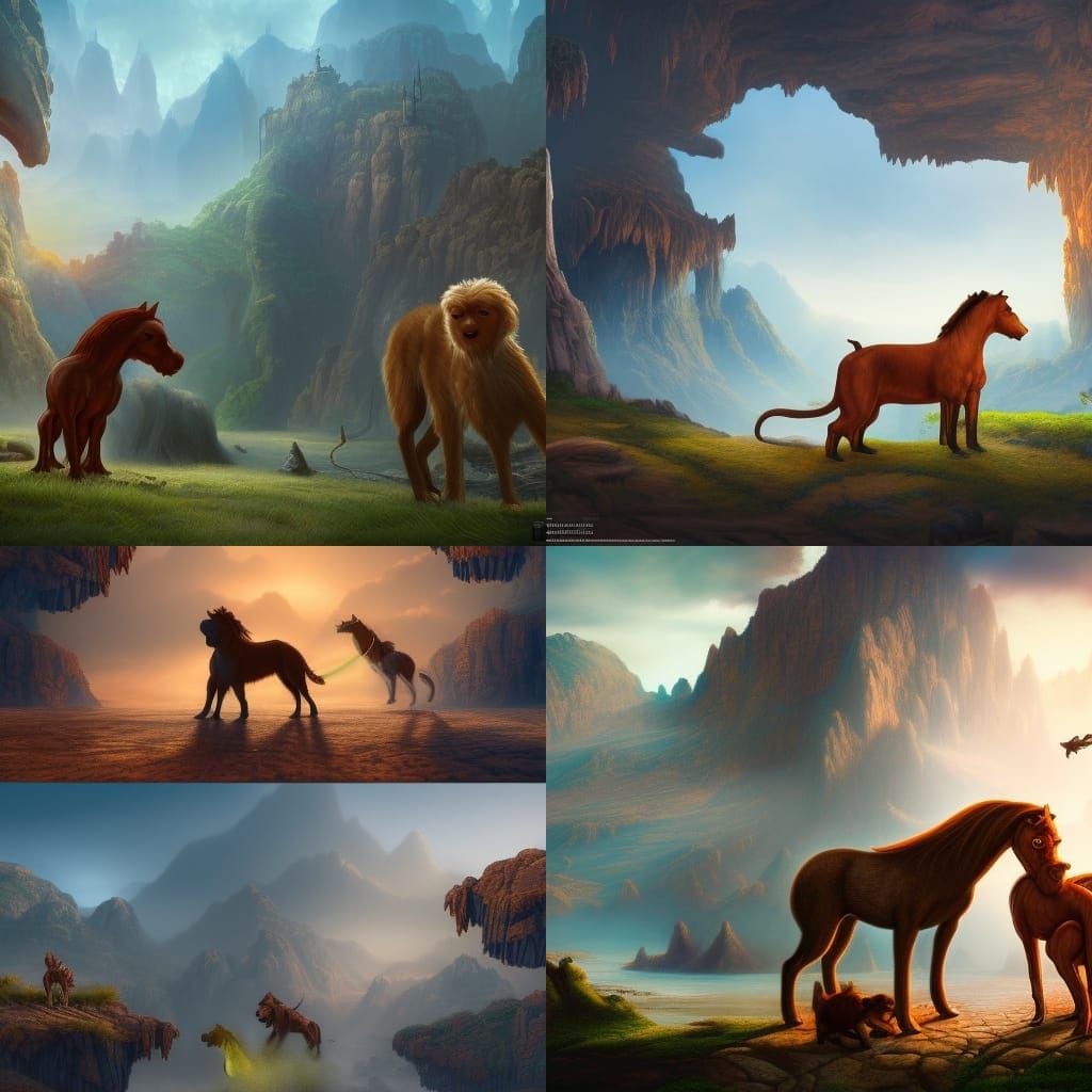 Dog, Horse, and Monkey in Detailed Matte Painting
