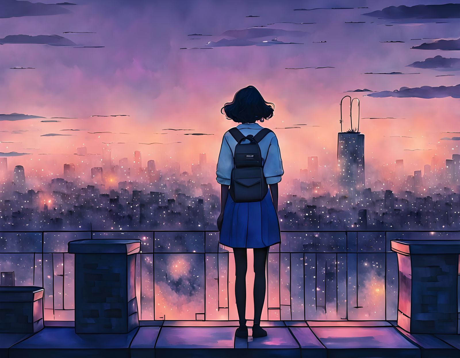 Whimsical City Rooftop at Midnight