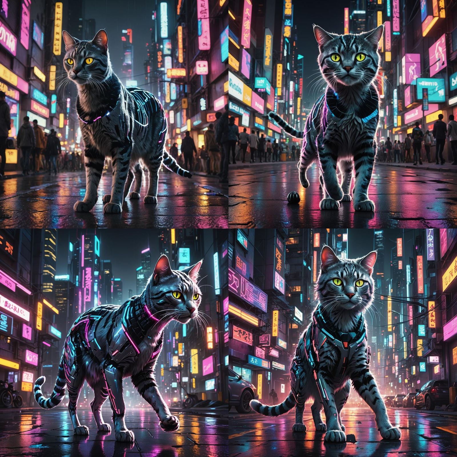 Cyberpunk Cat Struts Through Neon Cityscape