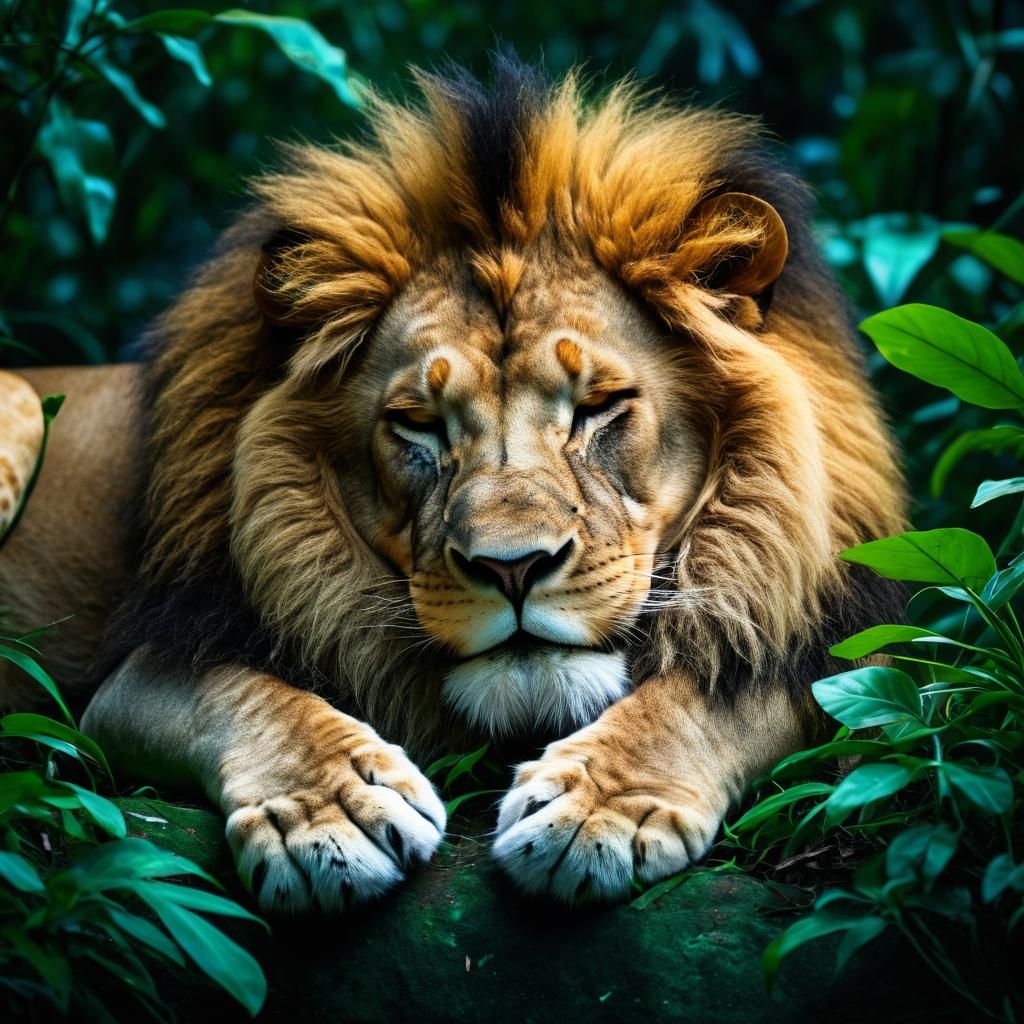 Lion Sleeping Like Kitten in Jungle Night
