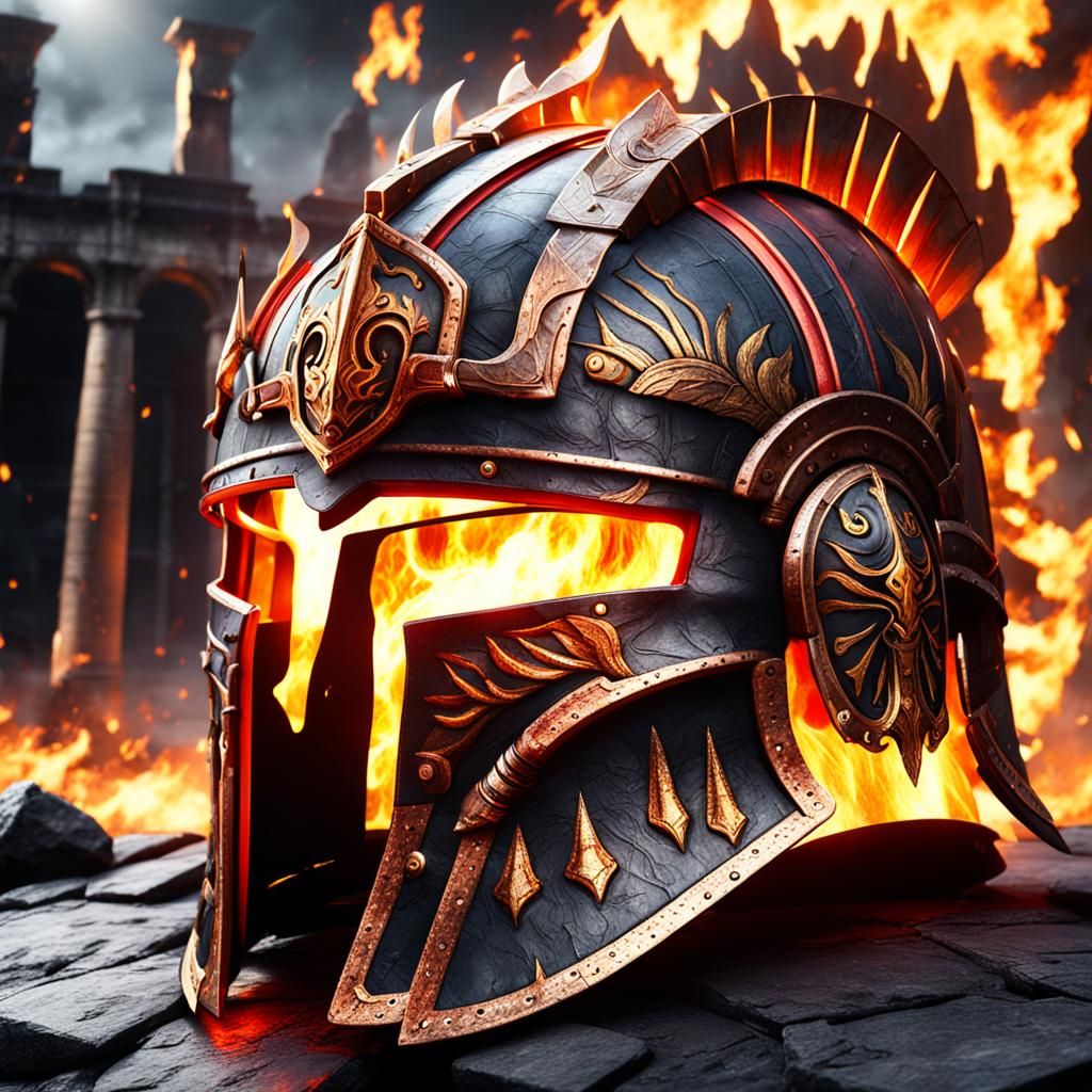 Flaming Battle Helmet in Colosseum: Fantasy Concept Art