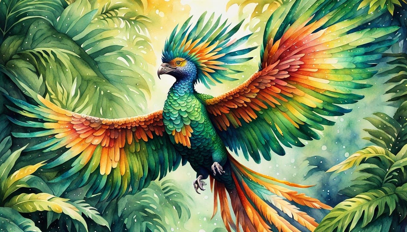 Quetzalcoatl Soaring Above Jungle in Watercolor Style