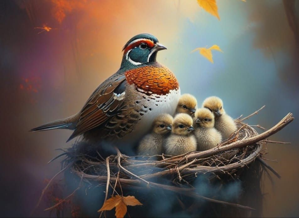 California Quail Family Huddled in Vibrant Misty Landscape