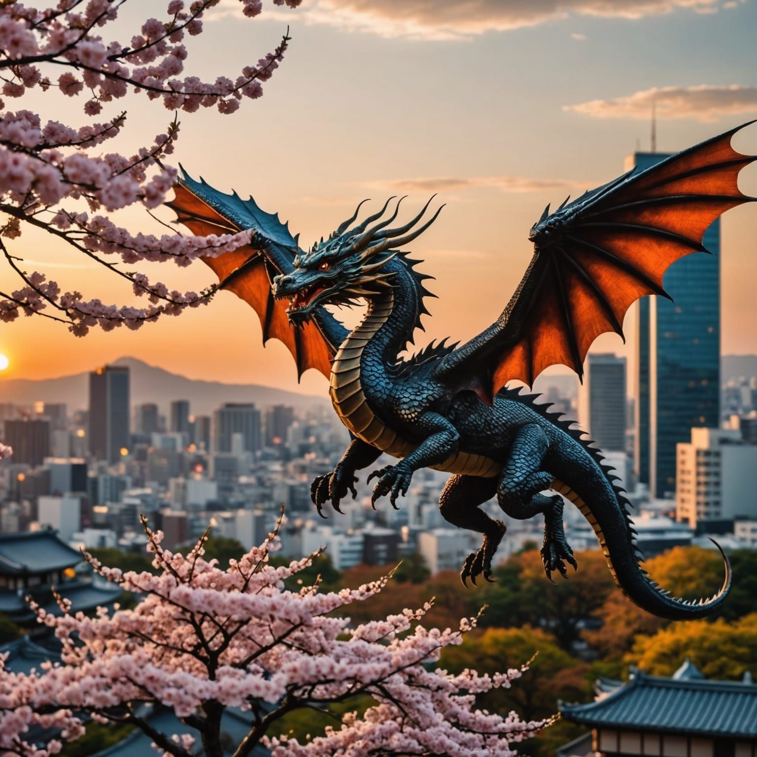 Japanese Dragon Flying at Sunset in Hyperrealism