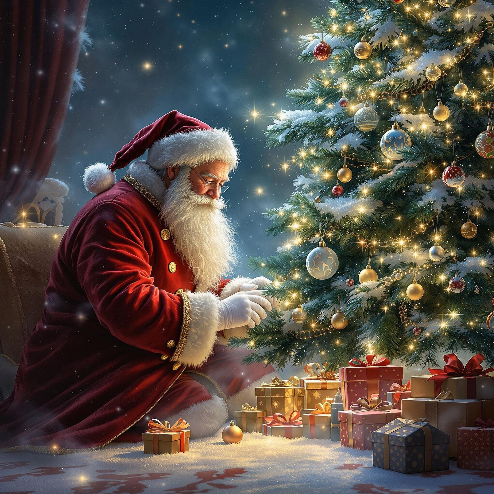 Santa Claus in Whimsical Christmas Scene with Ethereal Light...