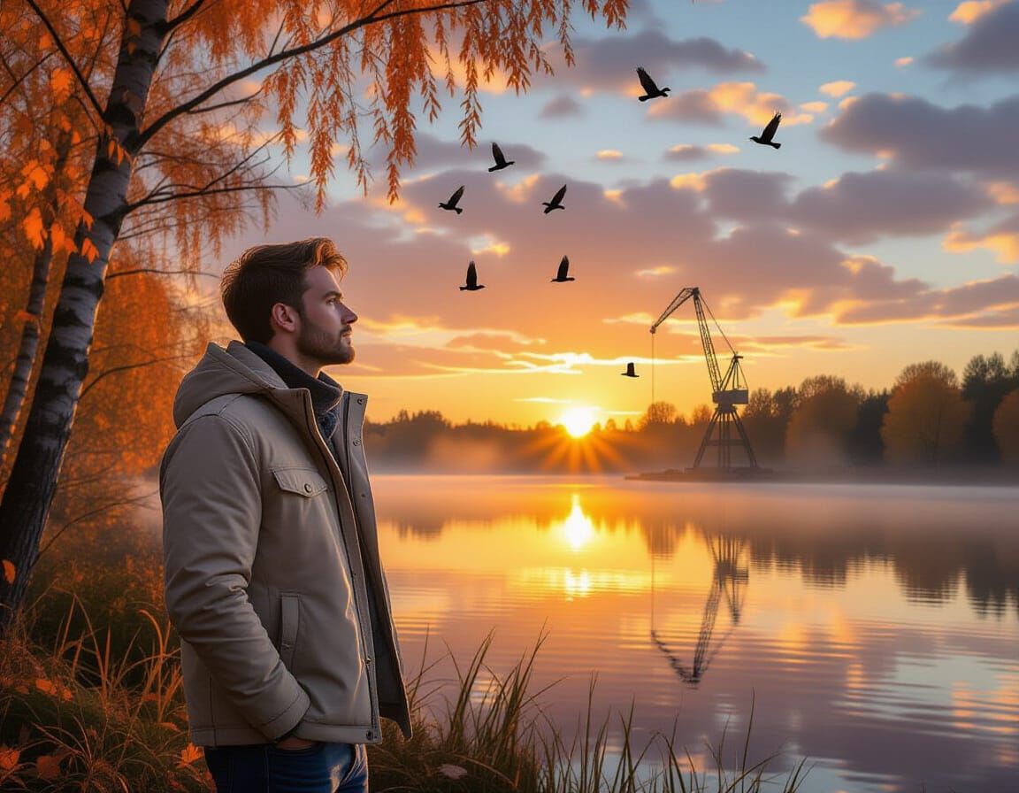 Man Watching Birds Fly South at Sunset