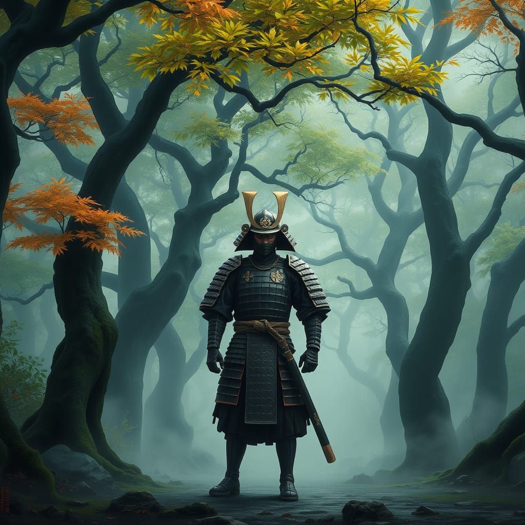 Serene Samurai in Autumnal Forest