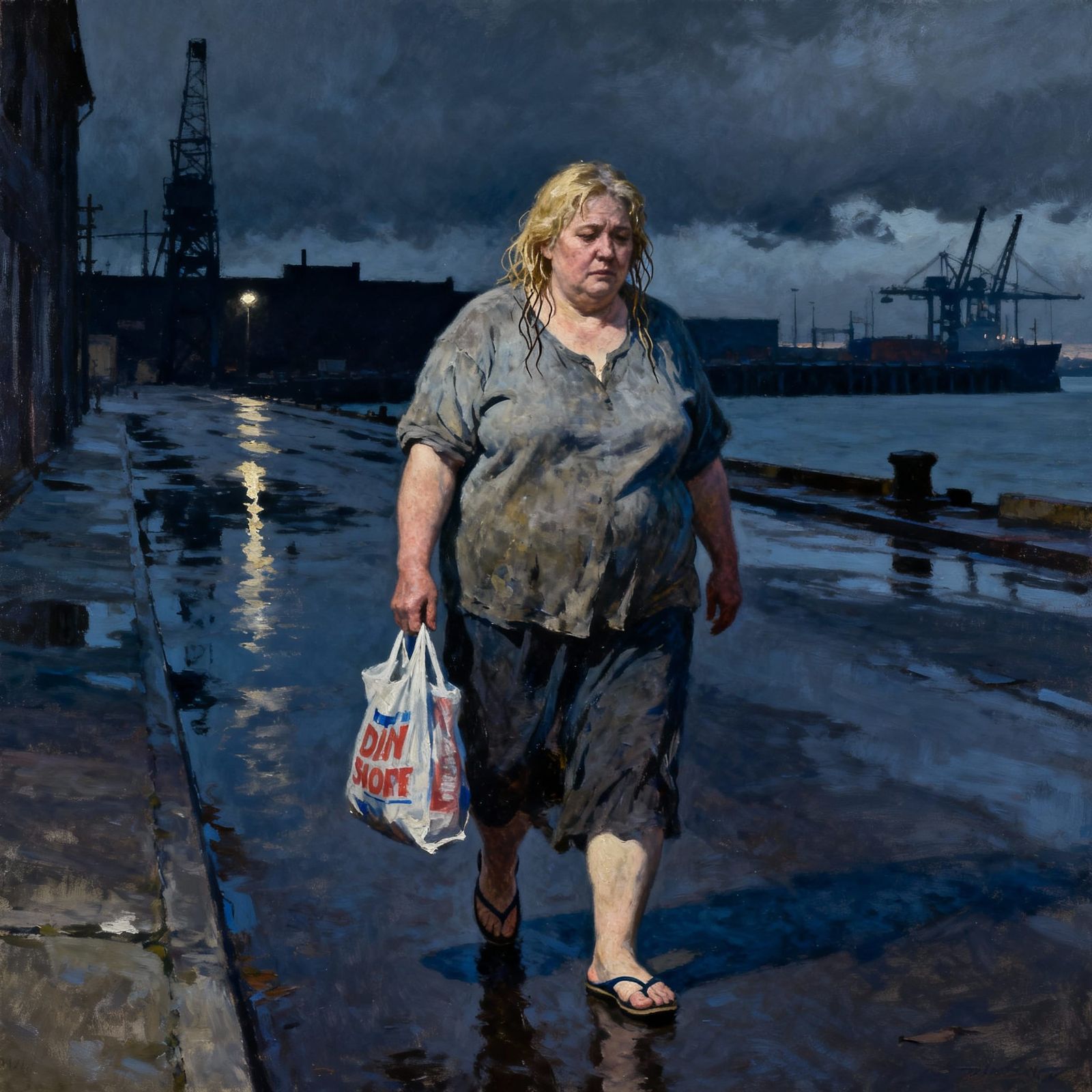 Obese Woman Walks Home Near Port in Gritty Realism Style