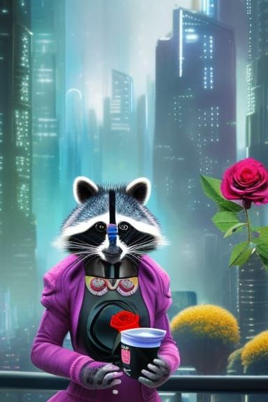 Cyberpunk Raccoon Humanoid in Glass Bowl