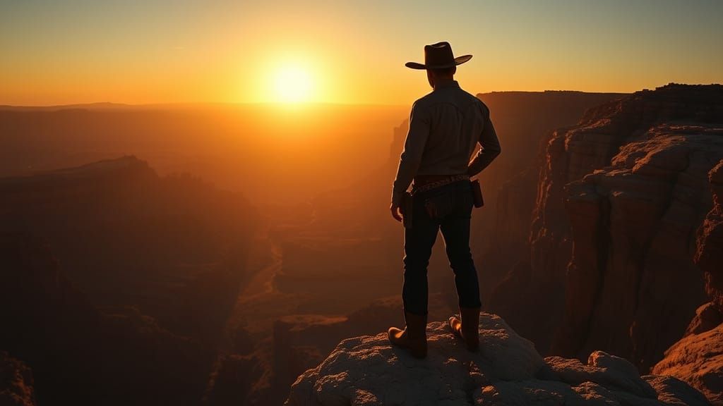 a lone cowboy standing on a rocky cliff