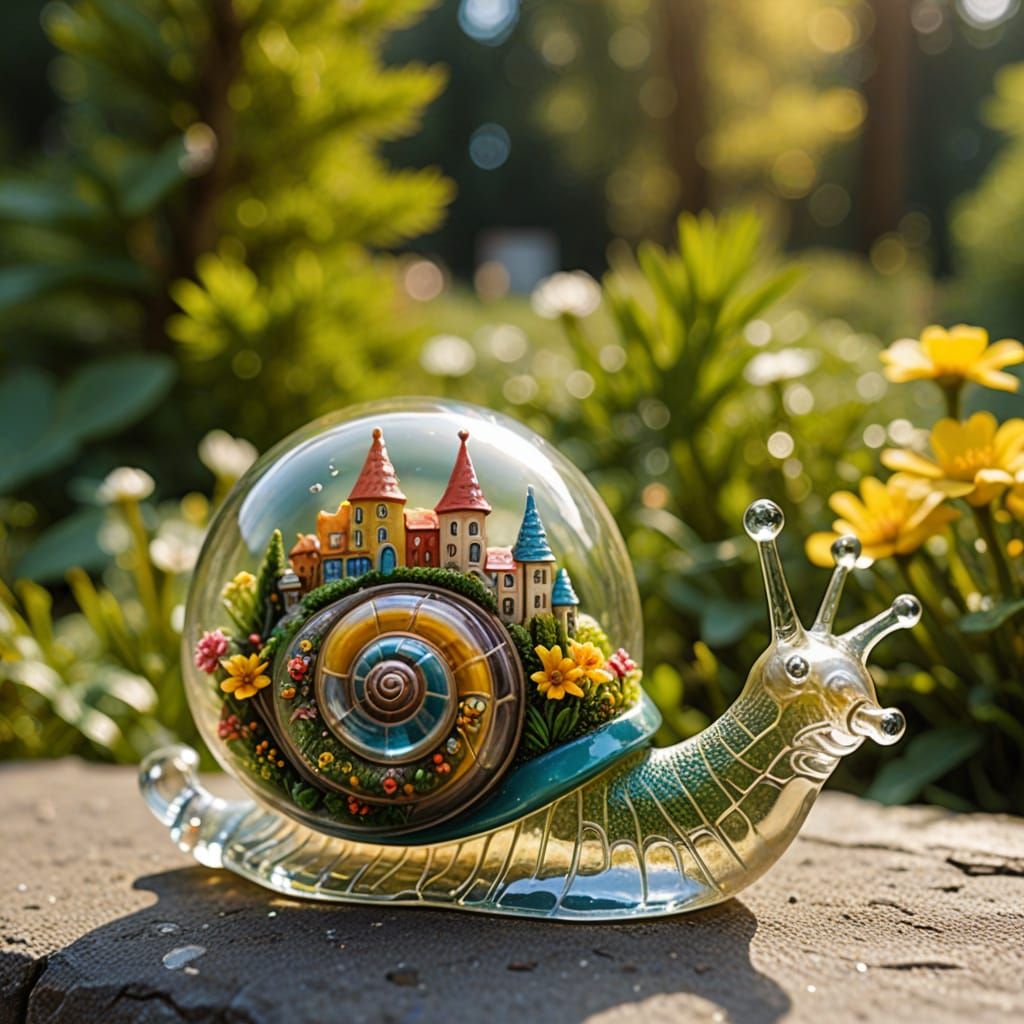 Smiling Glass Snail figurine with miniature city within glas...