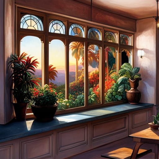 Sunset Garden View Through Kitchen Window in Art Nouveau
