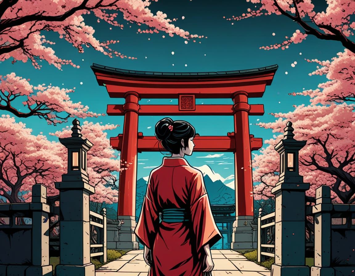 Japanese Woman in Front of a Retro Futuristic Tori Gate