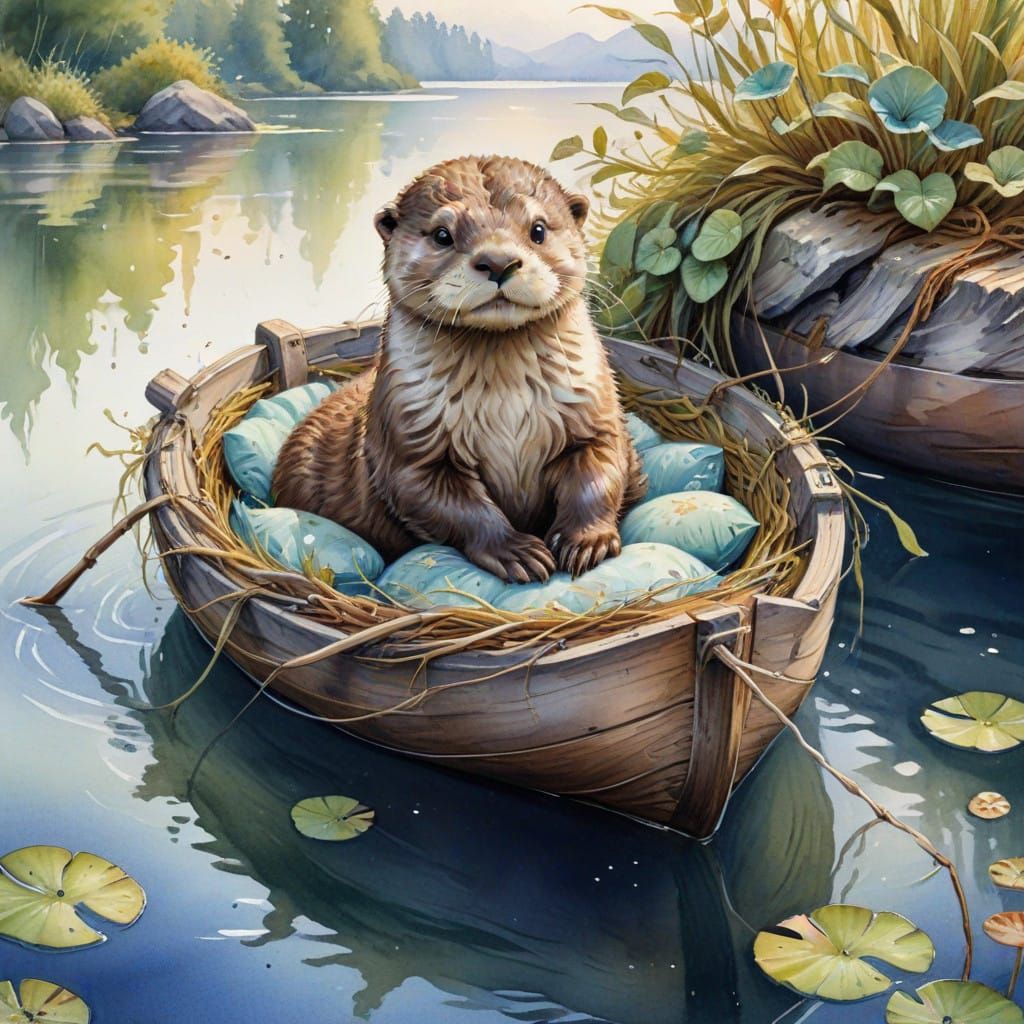 Cute Otter in Elegant Watercolor Boat Scene