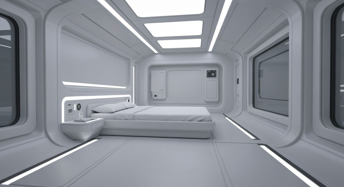 Futuristic Spaceship Bedroom Interior in Minimalist Style