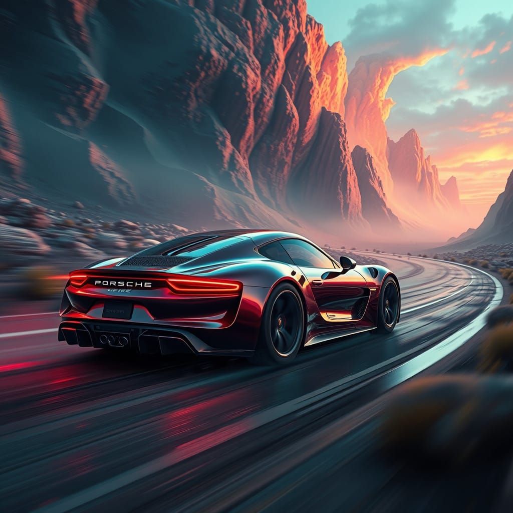 Sleek Futuristic Porsche Speeds Through Dreamlike Landscape....