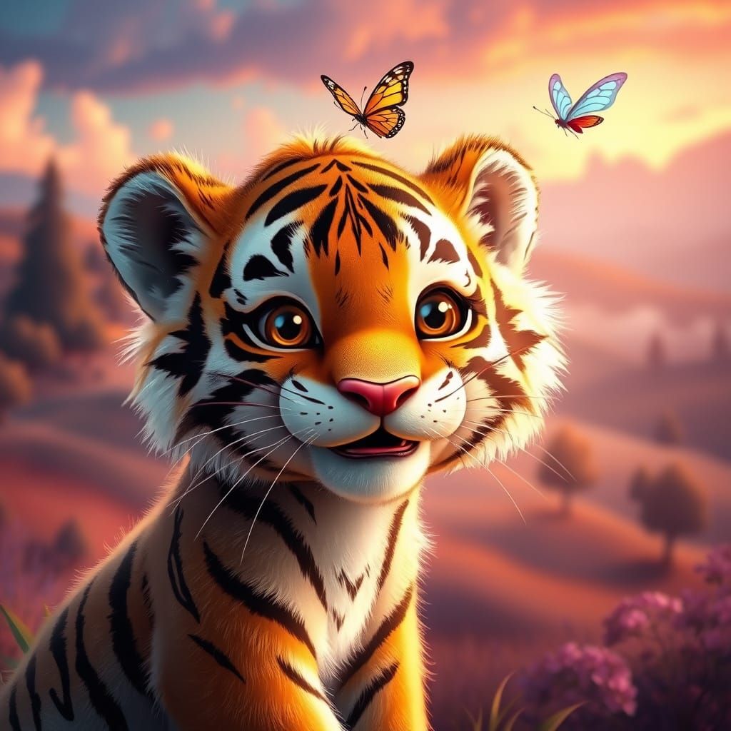 Joyful Baby Tiger in Whimsical Fantasy Landscape