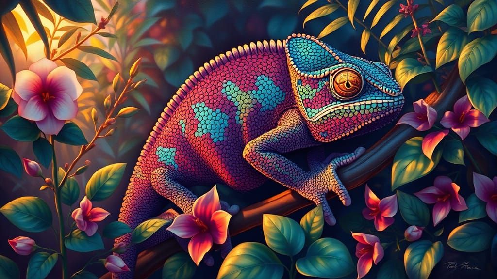 Vibrant Chameleon in Lush Jungle, Golden Hour Oils