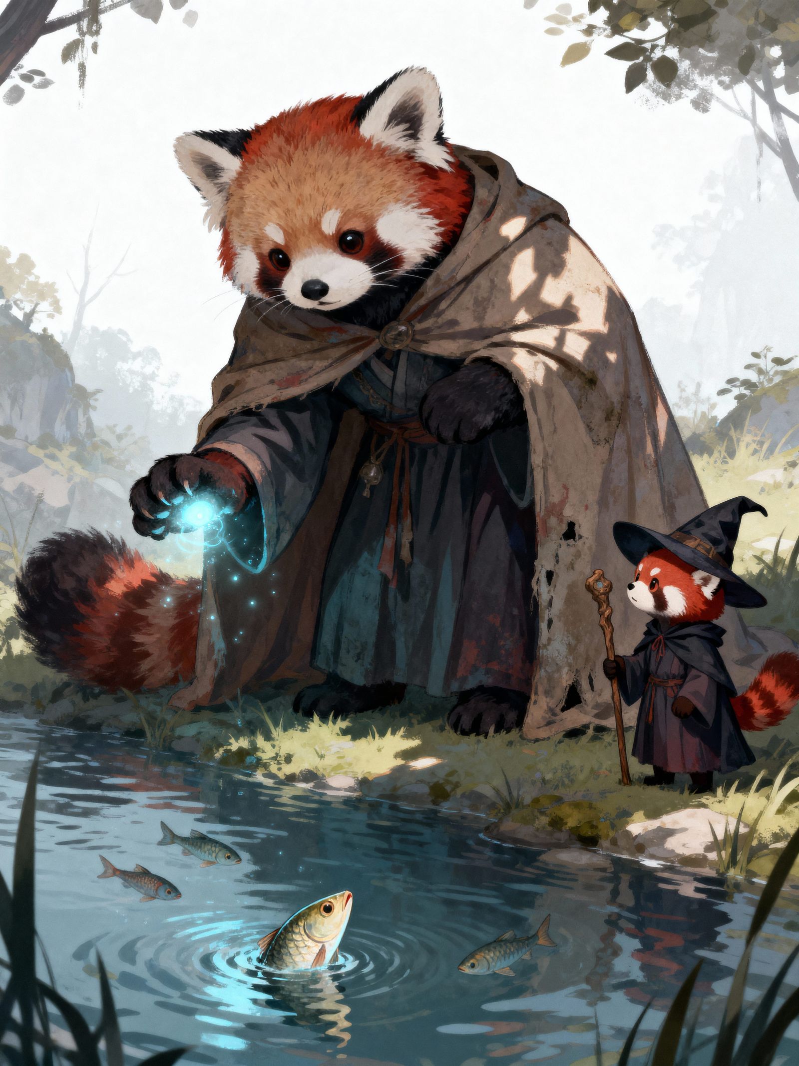 Red Panda Witches Commune with Magical Fish