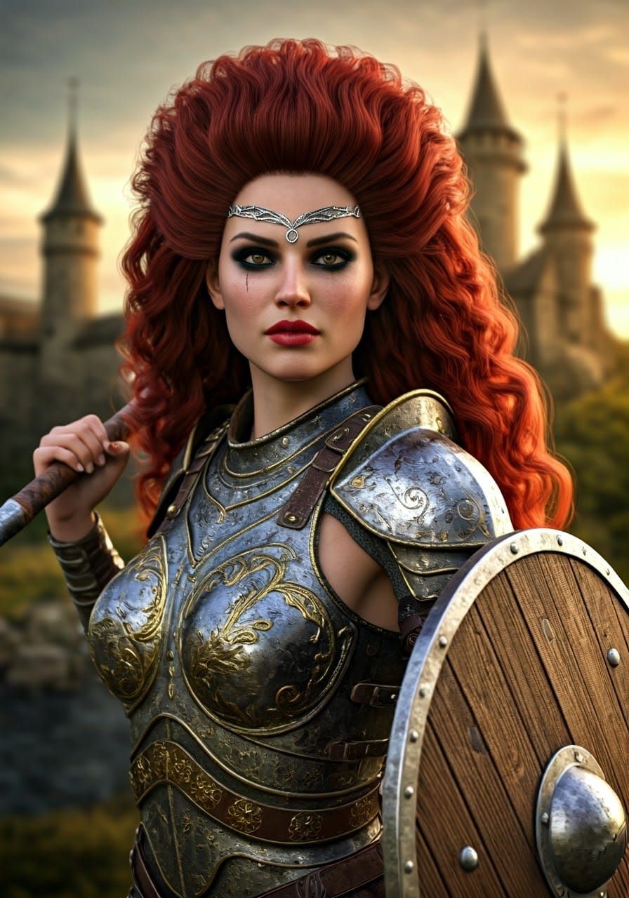 Elegant Knightess with Red Hair and Silver Accoutrements
