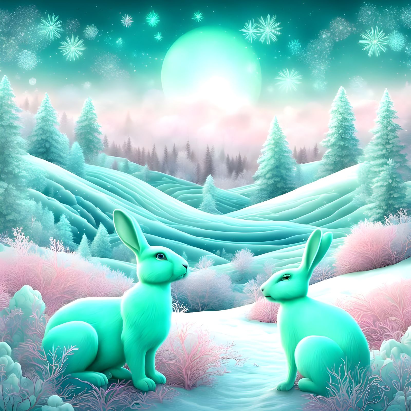 Cosmic Winter Wonderland with Mint Green Bunnies in Vibrant ...