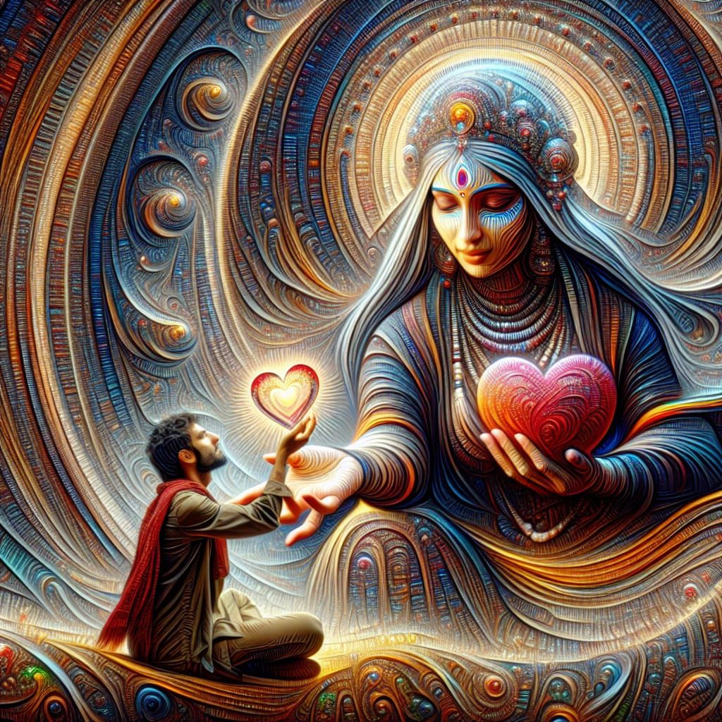 Goddess Receiving Heart Offering in Deep Dream Style