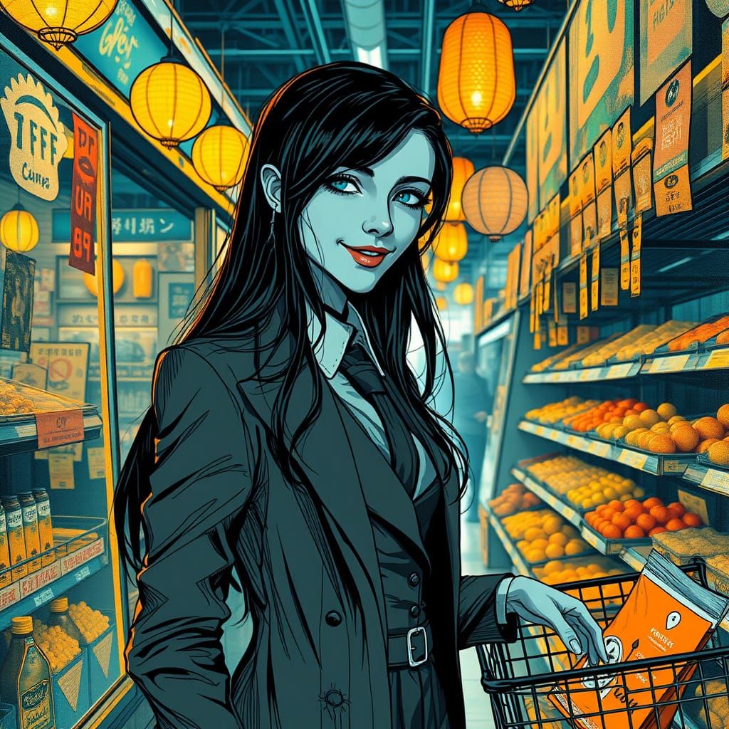 Elegant Gothic Woman Shops in a Vibrant Food Market