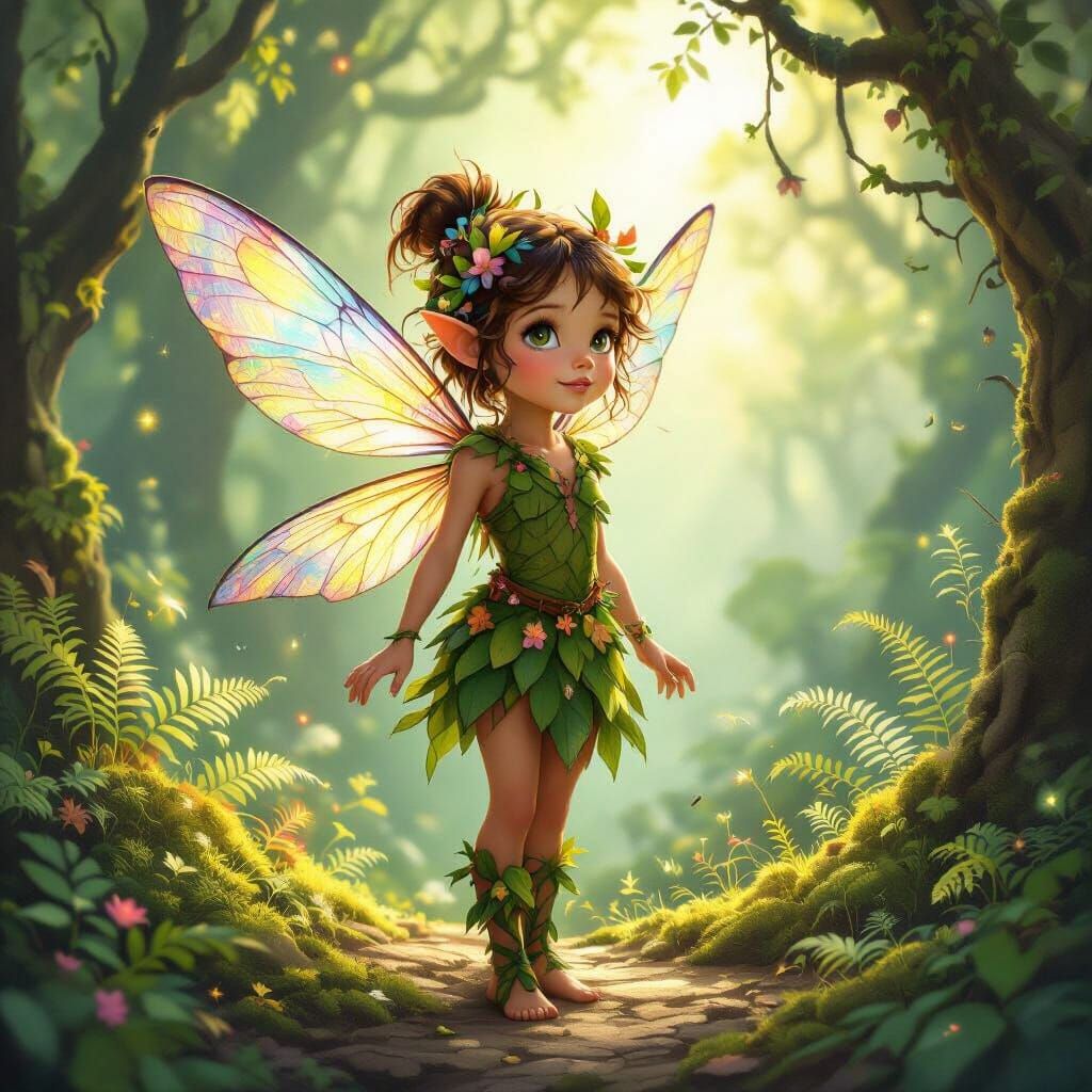 Whimsical Pixie Girl in Sun-Dappled Forest