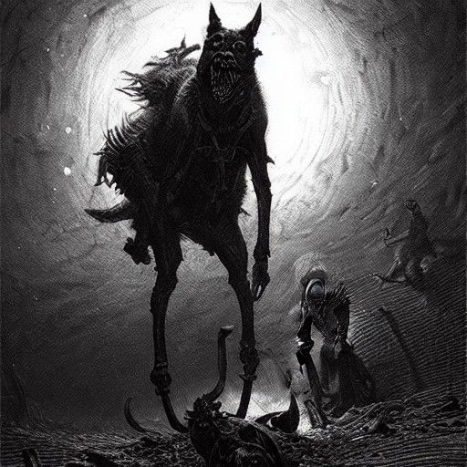 Terrifying Hellhound Discovery in Doré Style Horror