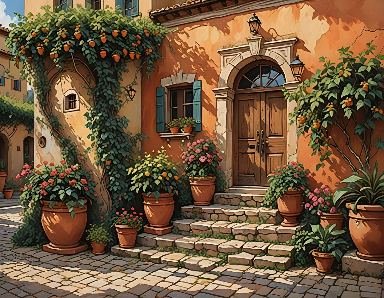 Picture a sun-drenched Tuscan villa, with terracotta walls adorned with climbing ivy and vibrant bougainvillea. A cobble...