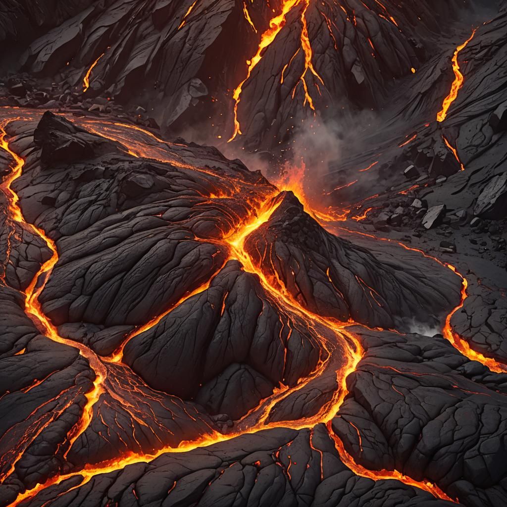 Lava River Flows on Hellish Island in Golden Light