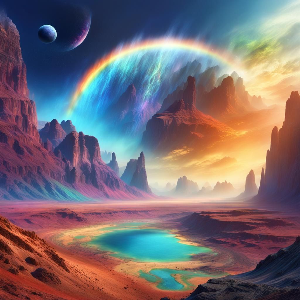 Rainbow Over Alien Planet's Epic Landscape