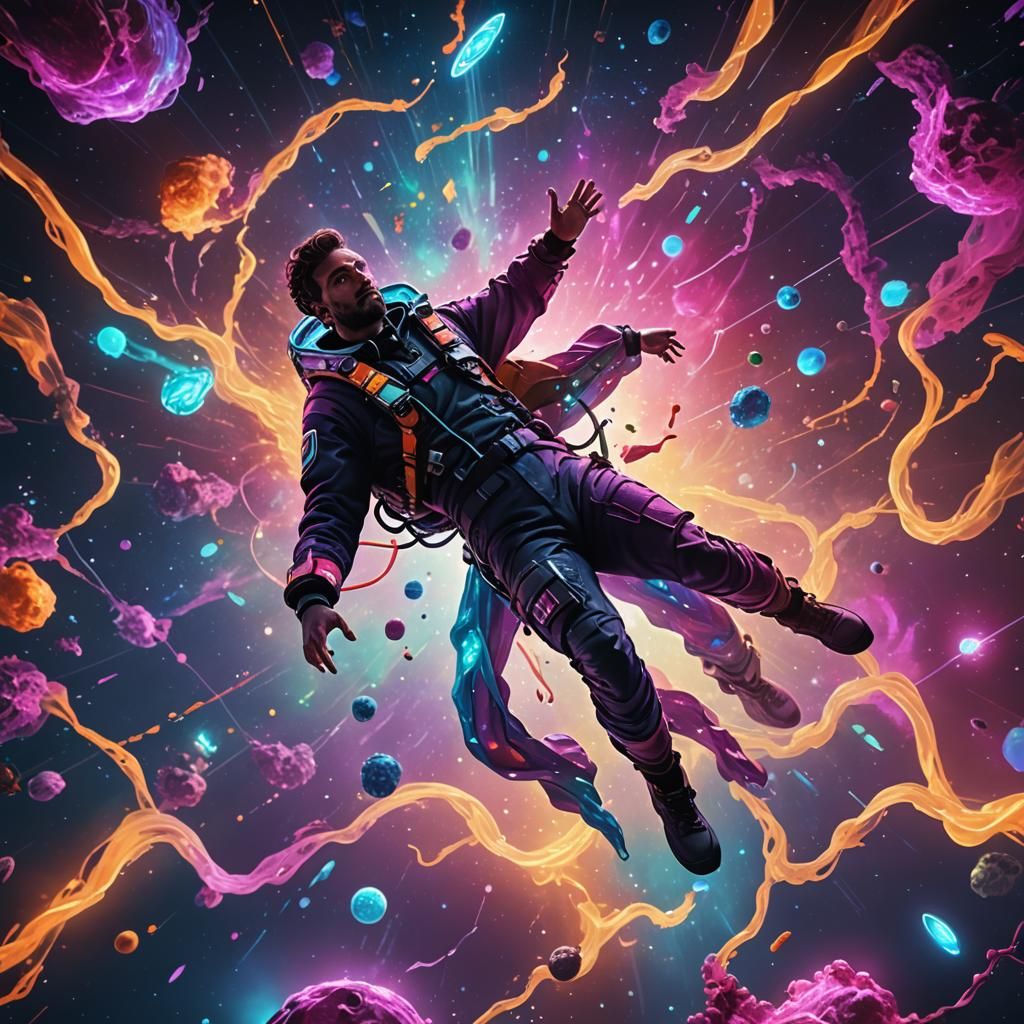 Translucent Man Floating in Space with Neon Glow