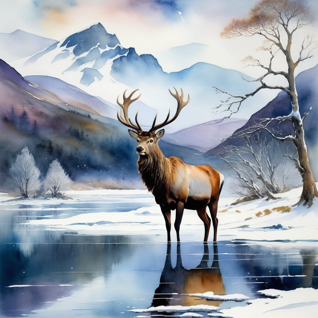 Ethereal Winter Stag in the Scottish Highlands