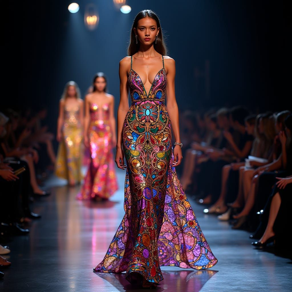 Gowns in Vibrant Stained Glass Patterns Strut Down the Runwa...