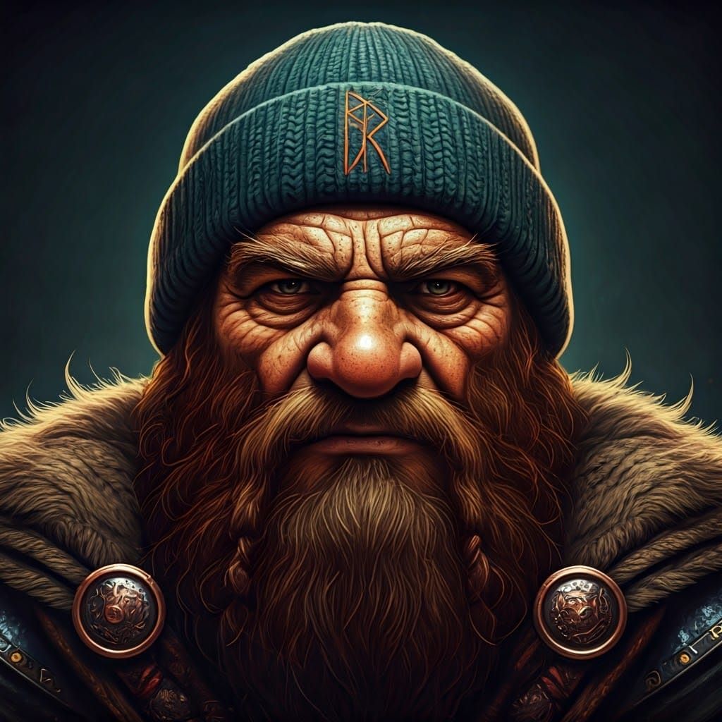 Stoic Dwarf Runic Fighter in Rich, Intricate Beanie