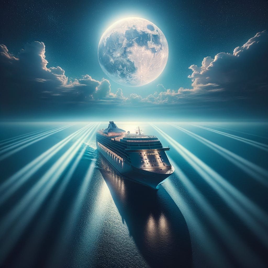 Cruise Ship Under Moonlight on Calm Ocean