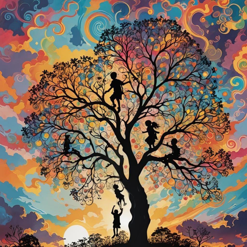 Children's Silhouette Against Impressionistic Sky