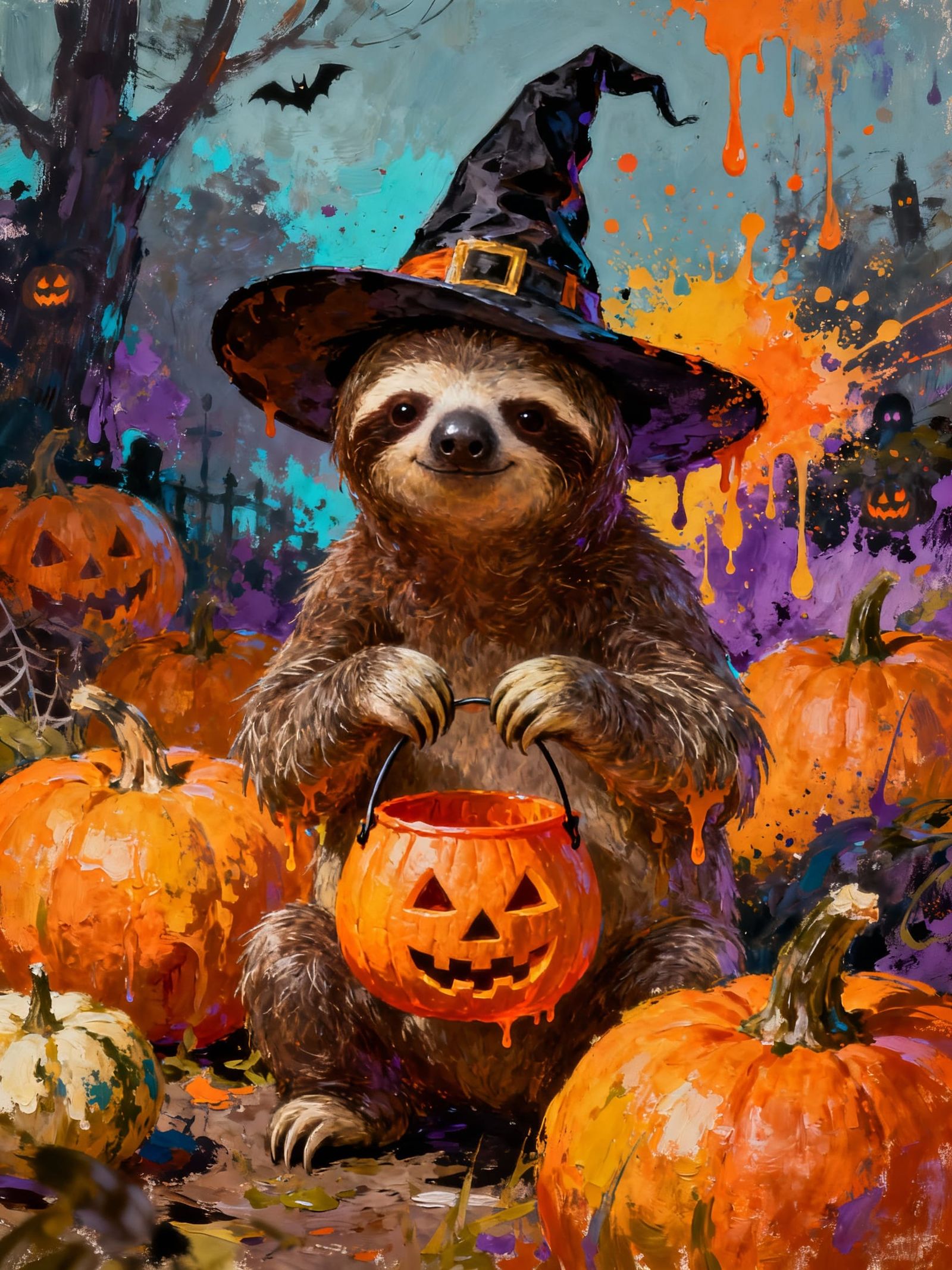 Sloth Trick-or-Treating in Witch Hat with Pumpkins