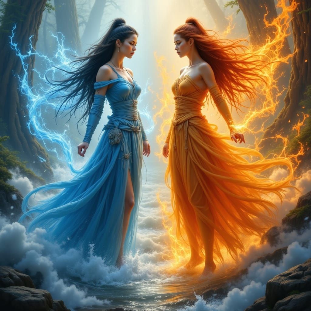 Water vs Fire Spirits Clash in Ethereal Landscape