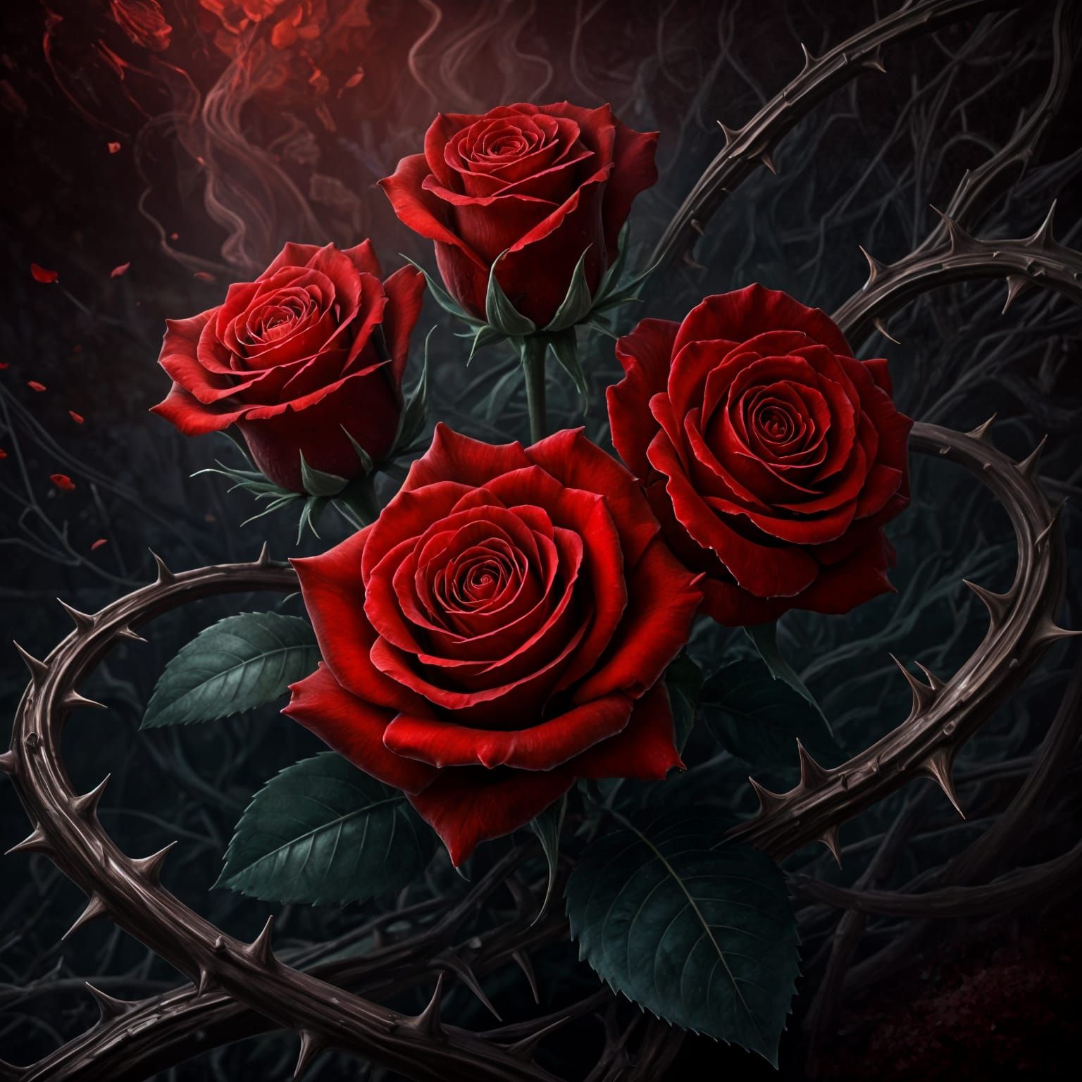 Scarlet Roses with Black Veins and Ethereal Glow