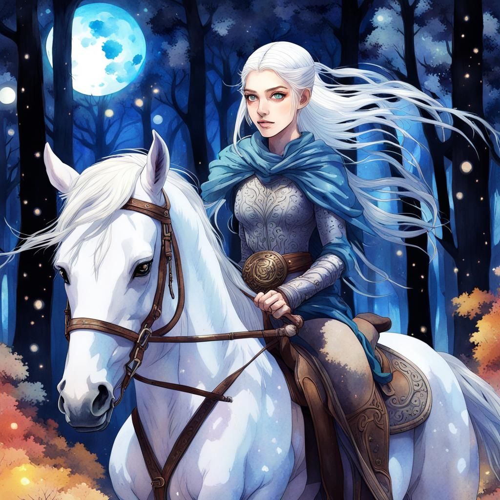 Elf Woman on Horseback in Anime Watercolor Style