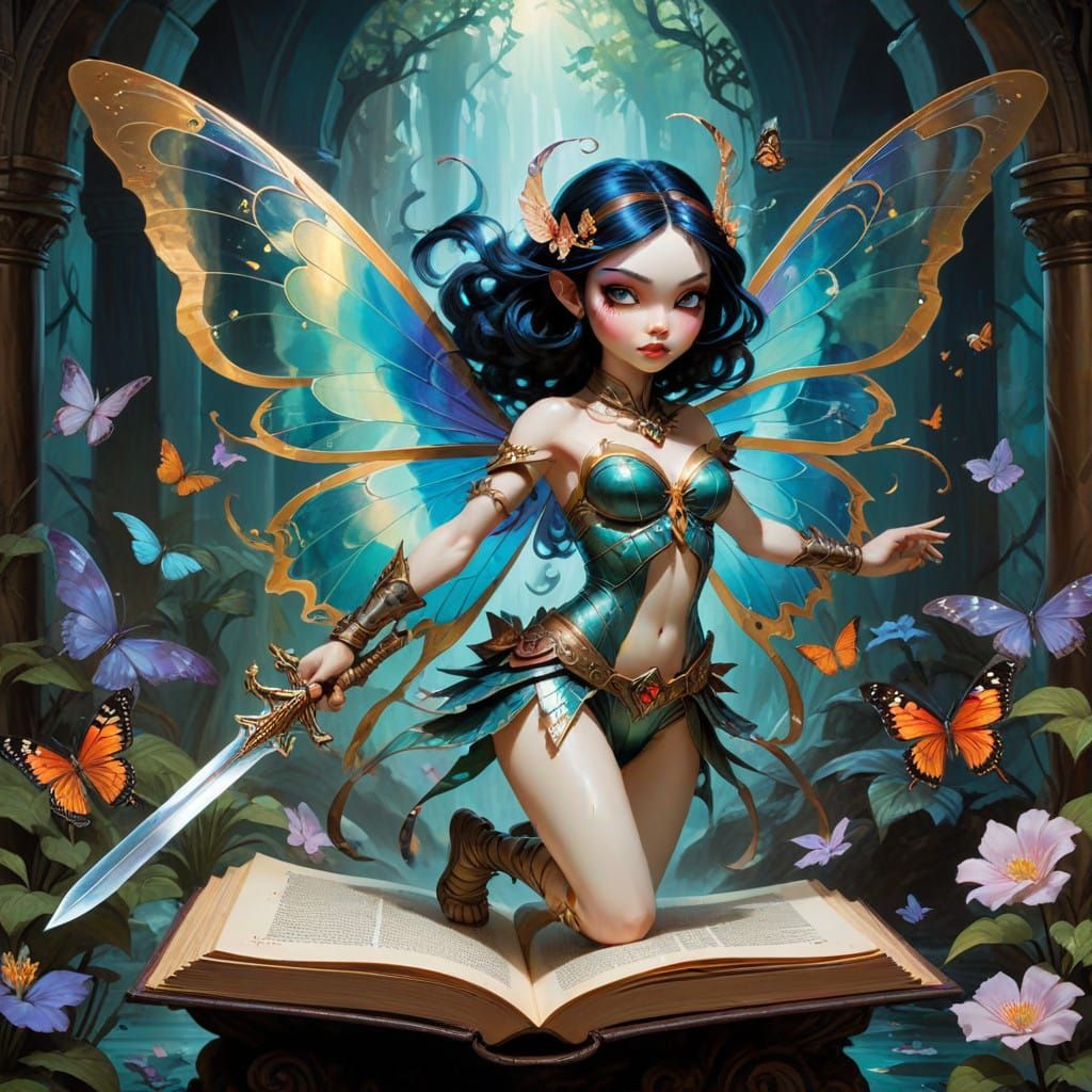 Whimsical Fantasy Warrior on Ancient Tome