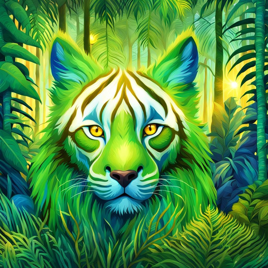 Portrait of a green striped lux with yellow eyes, walking tr...