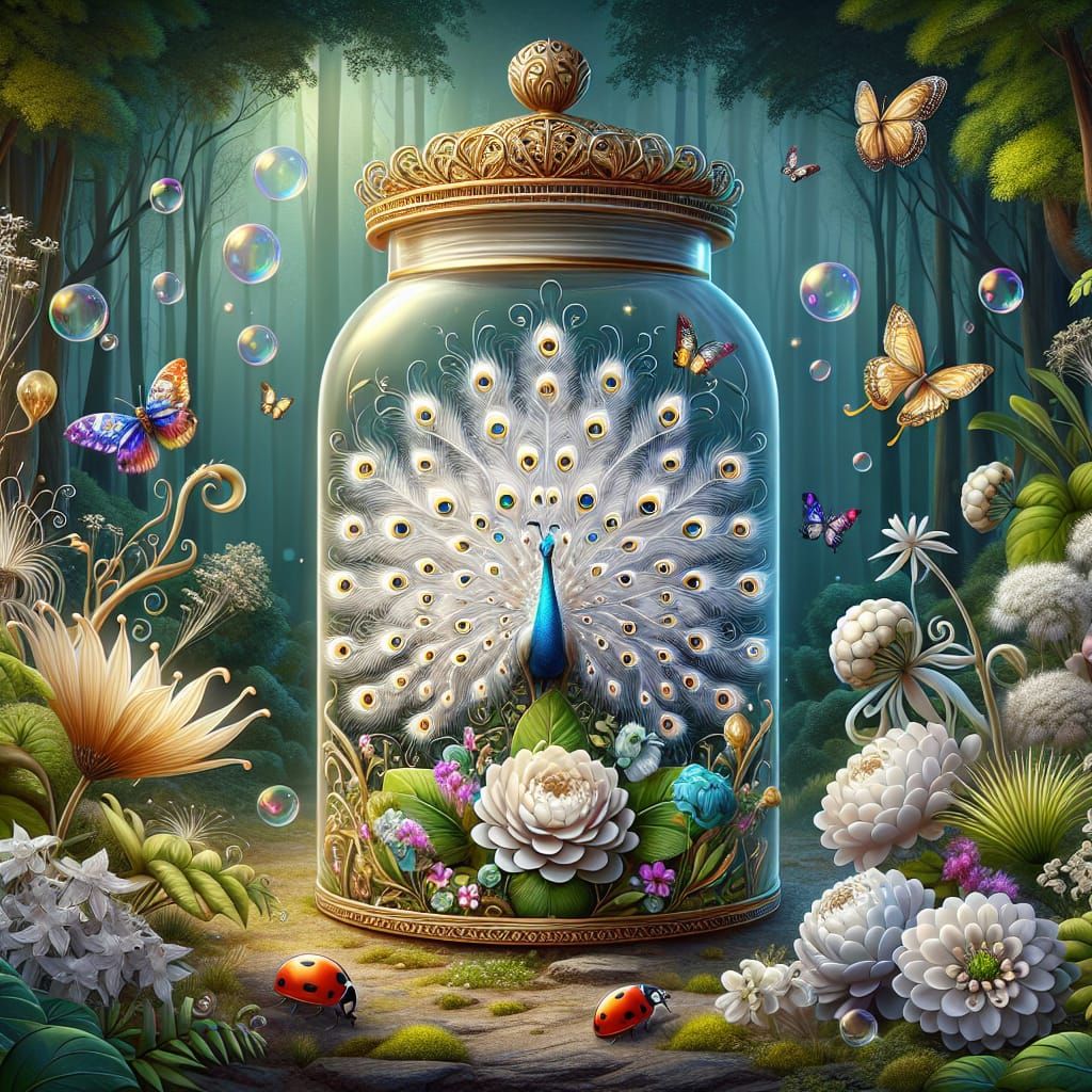 Enchanting Peacock in Glass Jar, 3D Airbrush Art