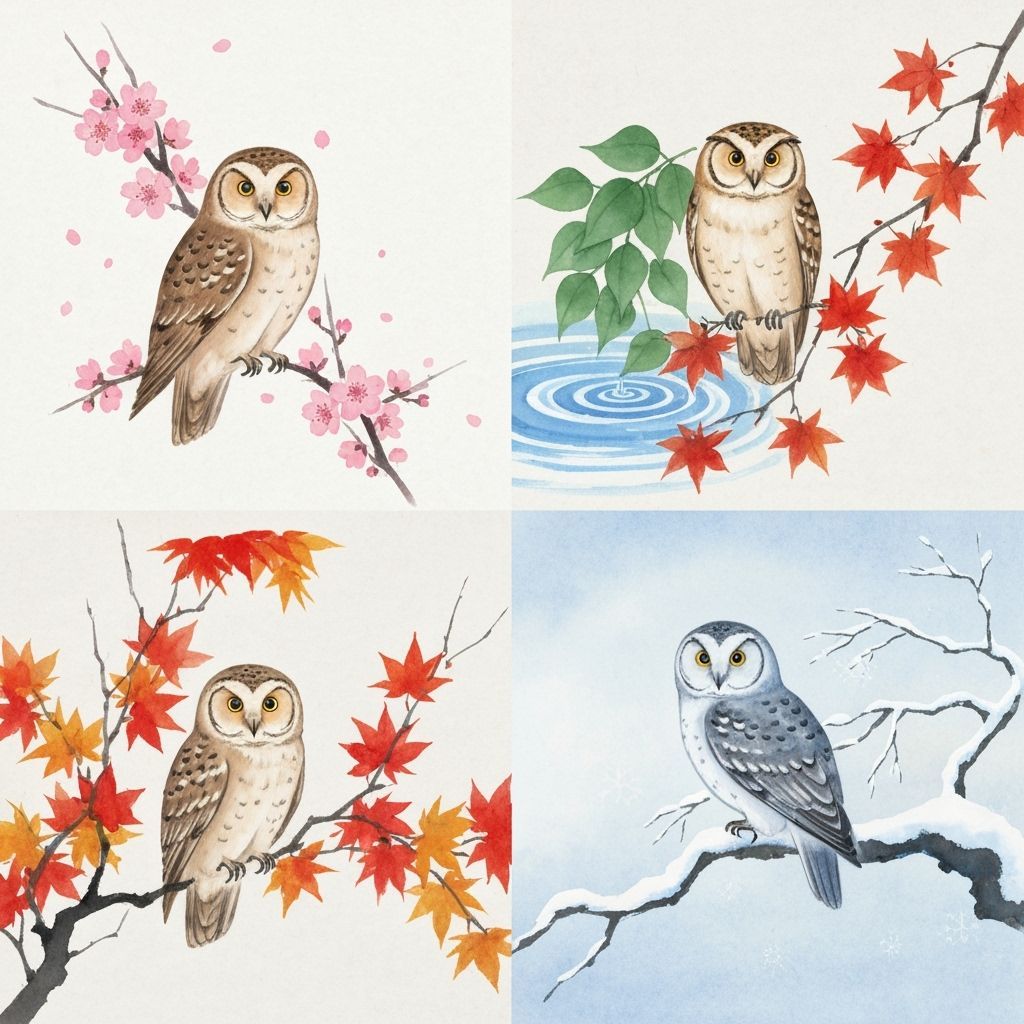 Four Seasons Owls in Japanese Ink Wash Style