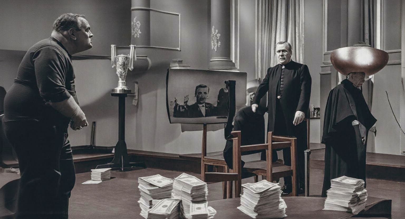 President Shows Money to Satan in Dark 1900s Photo