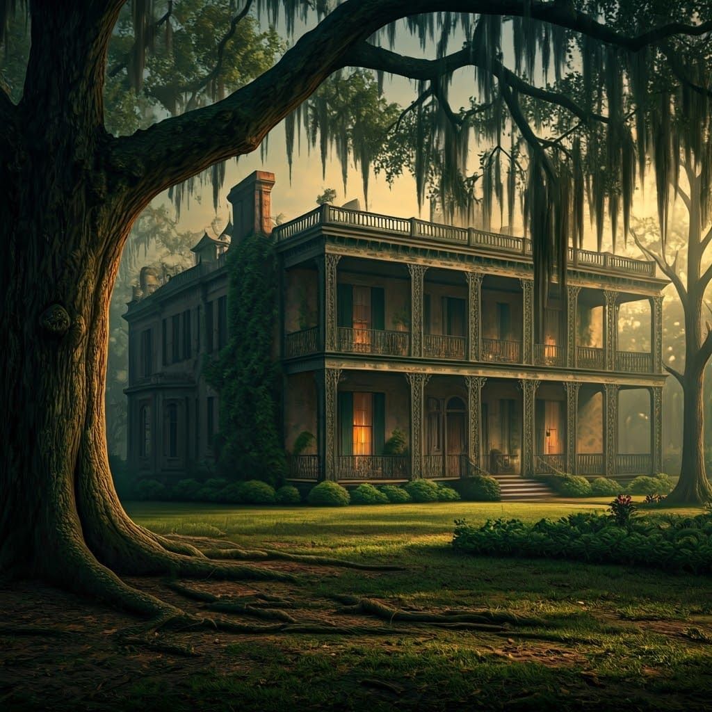 Eerie Antebellum Mansion in Louisiana Bayou at Dusk