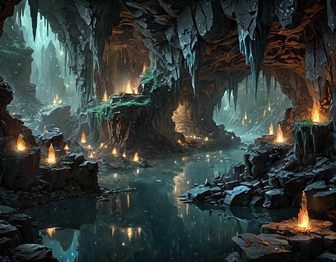 Bioluminescent Crystalline Caverns in Digital Art Style